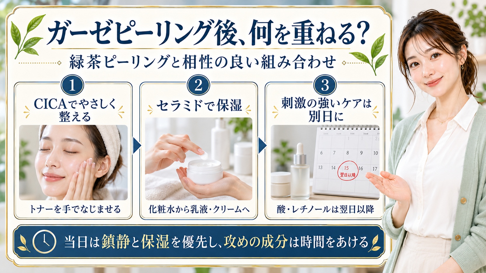 ネオゼンガーゼピーリング緑茶の併用術!相性の良い成分と重ね方の要点を3つの手順カードと美容アドバイザーで示した解説ボード