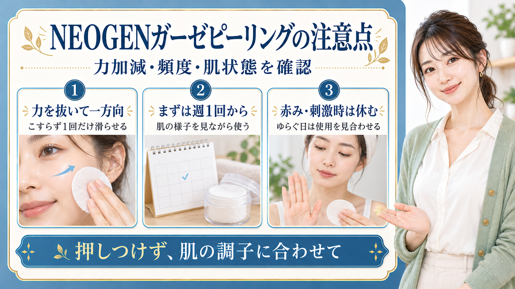 ネオゼンガーゼピーリング緑茶の注意点!肌荒れ防ぐ正しい付き合い方の要点を3つの手順カードと美容アドバイザーで示した解説ボード