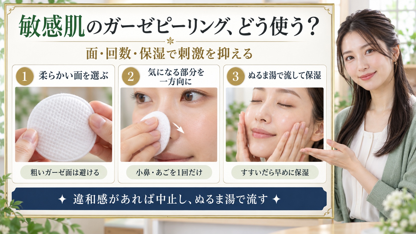ネオゼンガーゼピーリング緑茶は敏感肌でも使える?刺激を抑える技の要点を3つの手順カードと美容アドバイザーで示した解説ボード