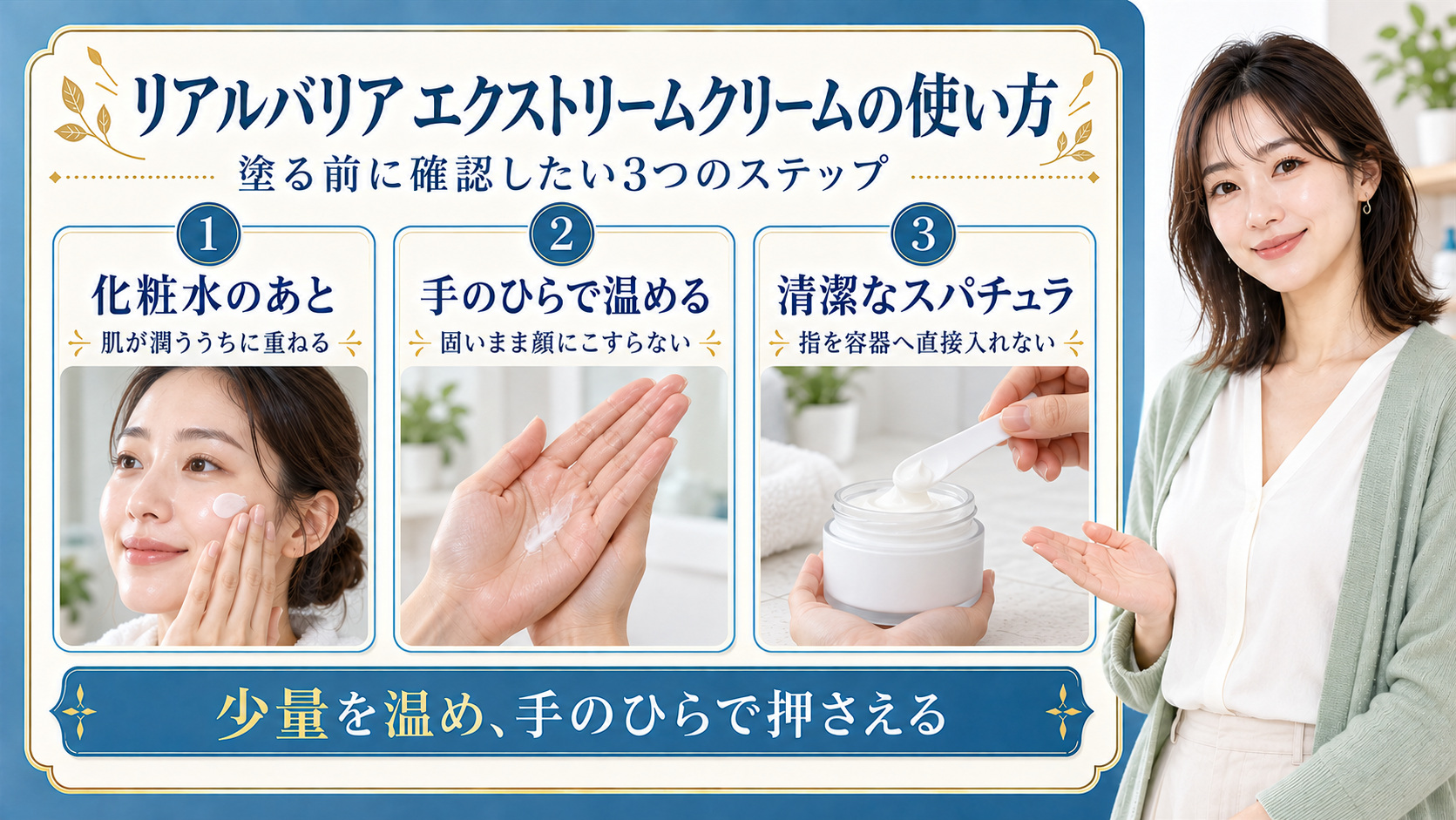 リアルバリアエクストリームクリームの使い方!MLE技術で潤す技の要点を3つの手順カードと美容アドバイザーで示した解説ボード