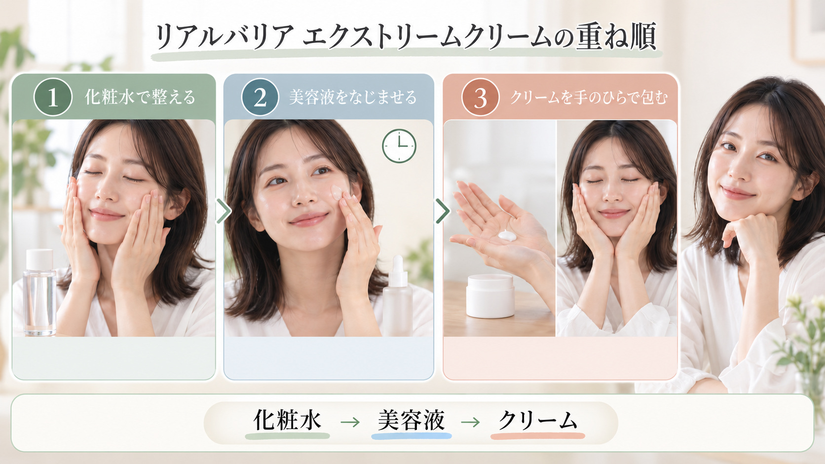 リアルバリアエクストリームクリームの併用術!相性の良い成分と重ね順の要点を3つの手順カードと美容アドバイザーで示した解説ボード