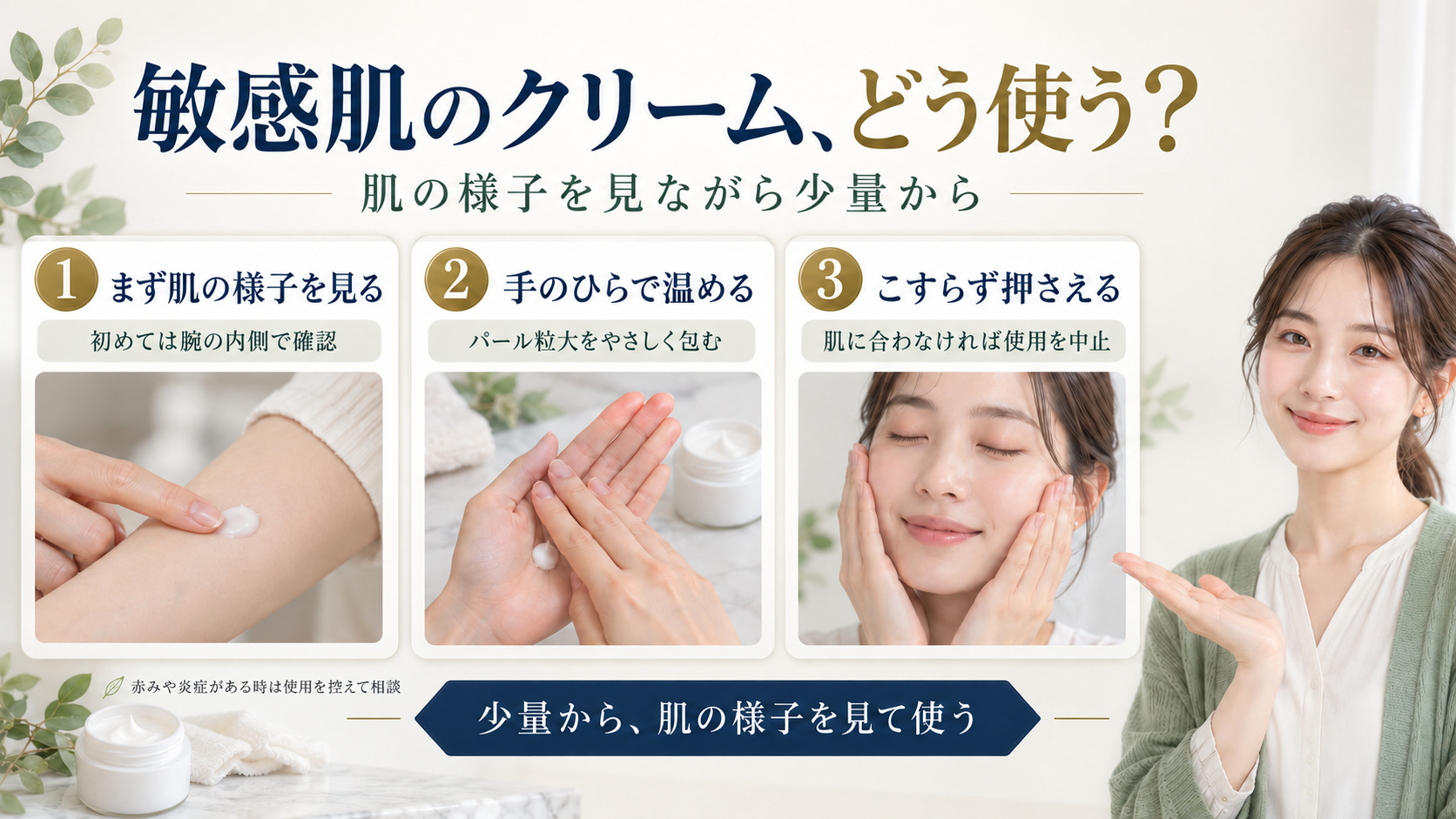 リアルバリアエクストリームクリームは敏感肌に合う？低刺激な使い方の要点を3つの手順カードと美容アドバイザーで示した解説ボード