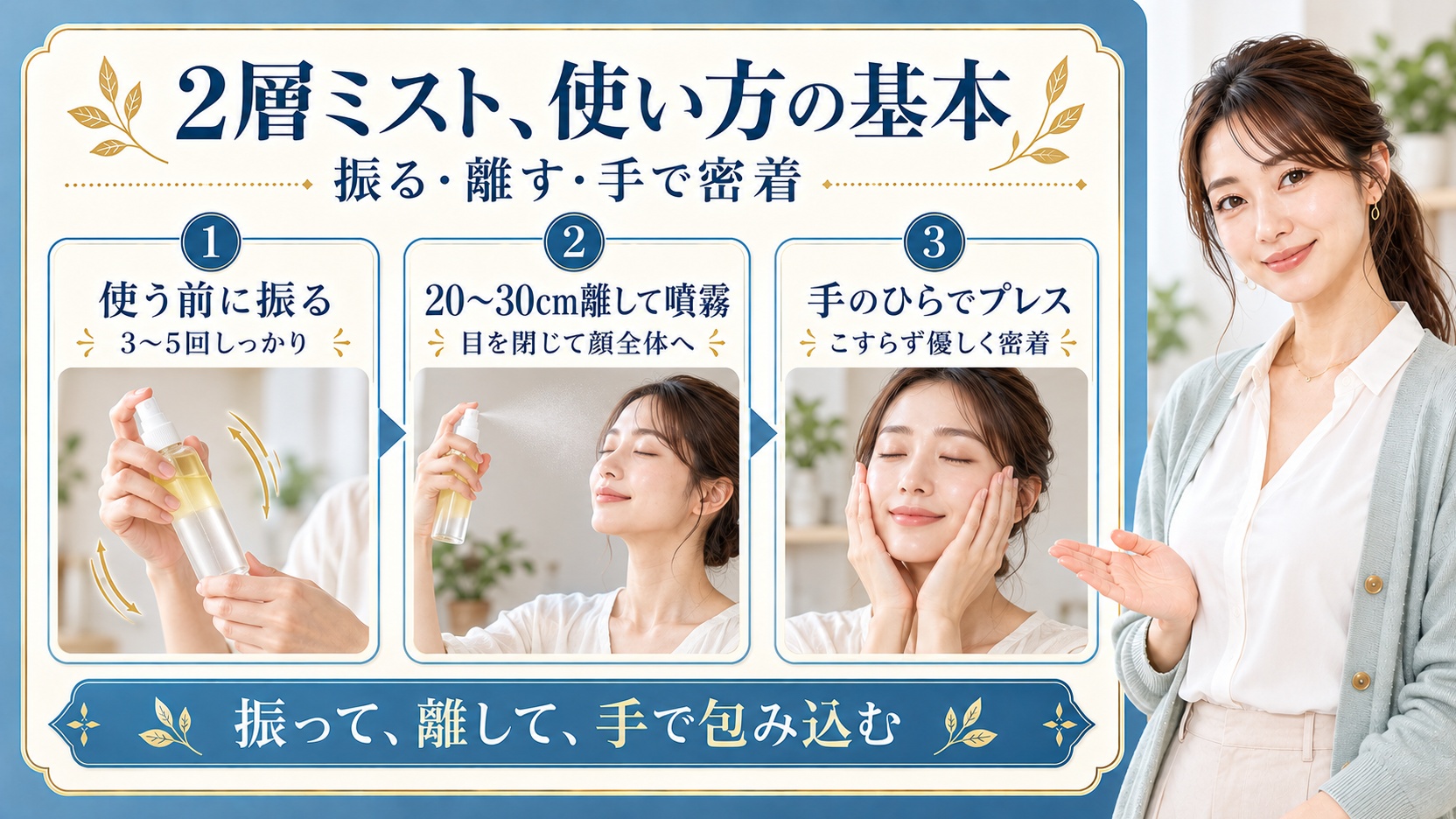 シオリスタイムイズランニングアウトミストの使い方!2層を活かす技の要点を3つの手順カードと美容アドバイザーで示した解説ボード
