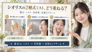 シオリスタイムイズランニングアウトミストの併用術！相性の良い重ね方の要点を3つの手順カードと美容アドバイザーで示した解説ボード