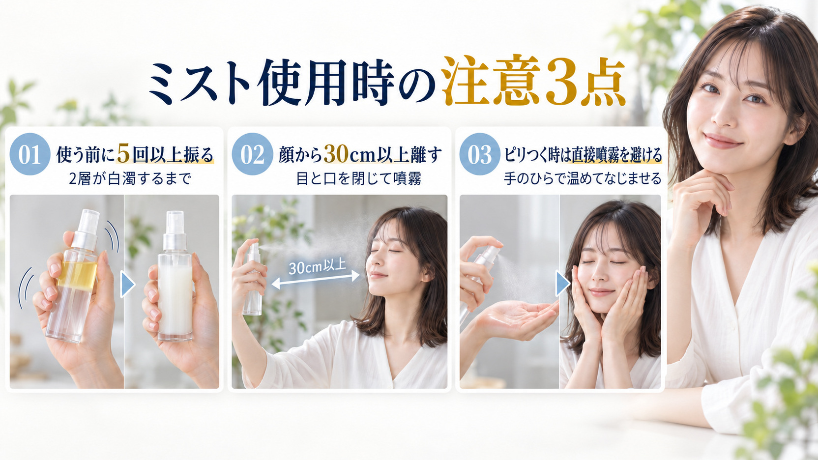 シオリスタイムイズランニングアウトミスト注意点！肌トラブル防止策の要点を3つの手順カードと美容アドバイザーで示した解説ボード