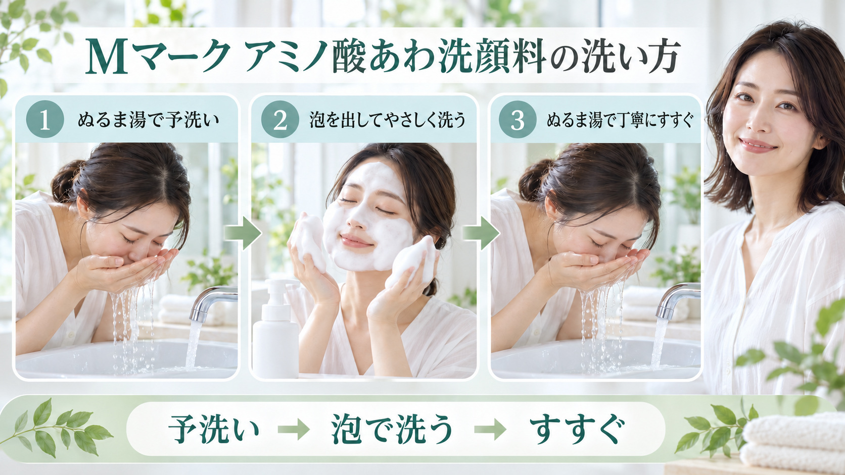 Mマークアミノ酸あわ洗顔料の使い方!適量プッシュと低摩擦な洗い方の要点を3つの手順カードと美容アドバイザーで示した解説ボード