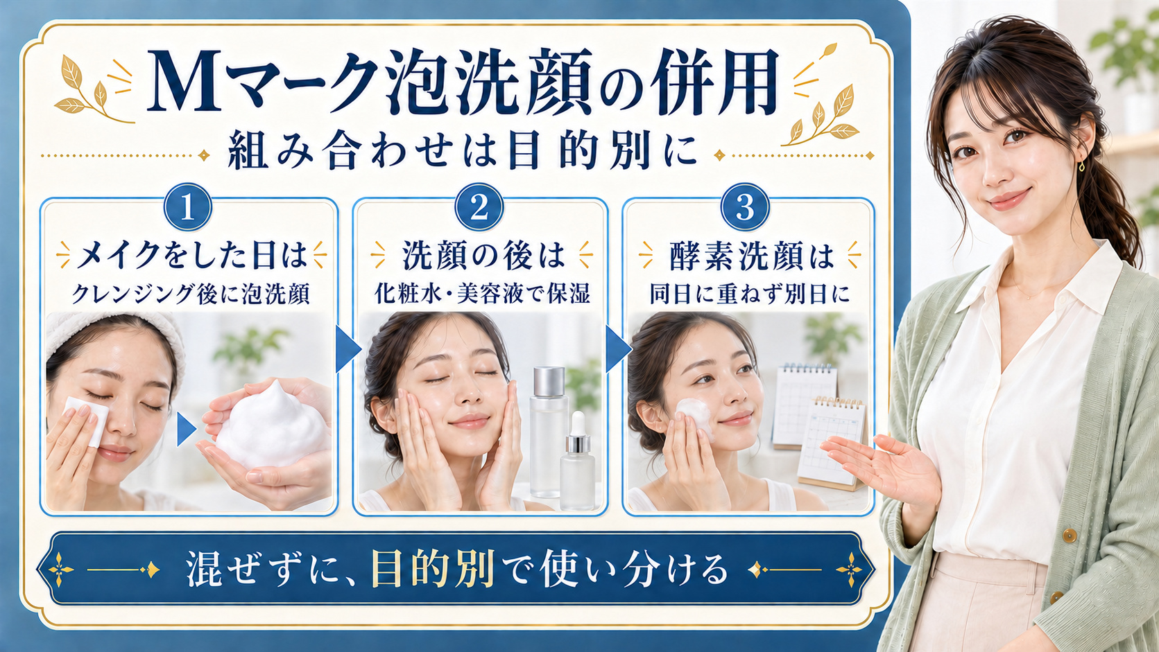 Mマークアミノ酸あわ洗顔料の併用術！相性の良いスキンケア組み合わせの要点を3つの手順カードと美容アドバイザーで示した解説ボード