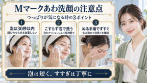 Mマークアミノ酸あわ洗顔料の注意点！つっぱりを防ぐ洗顔の落とし穴の要点を3つの手順カードと美容アドバイザーで示した解説ボード