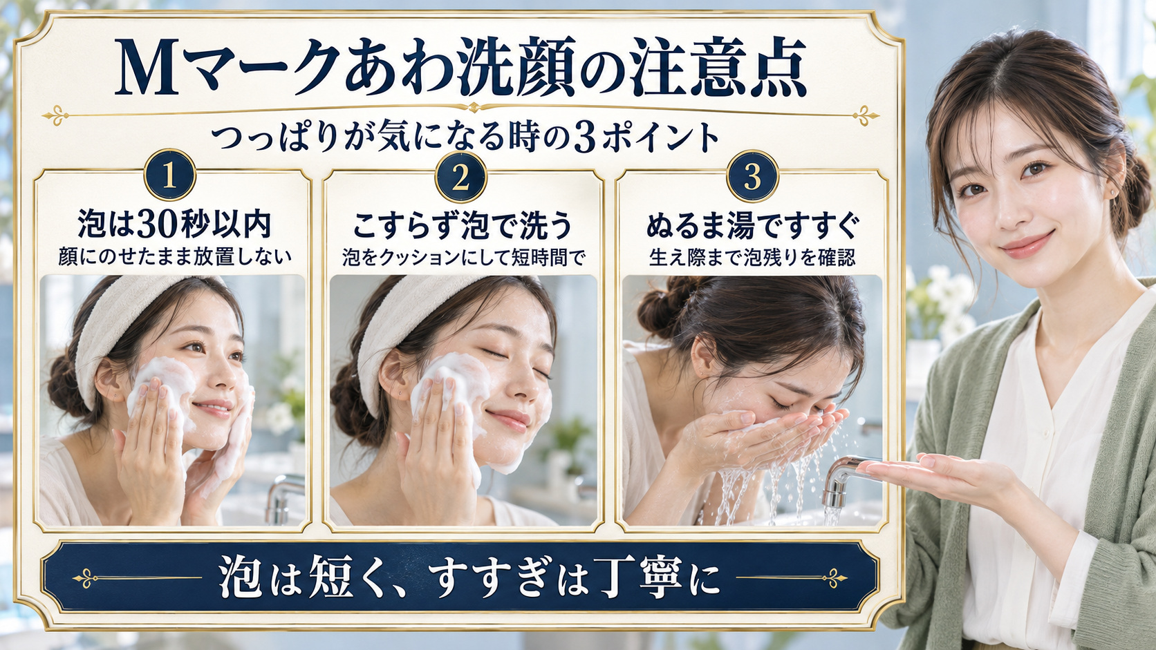 Mマークアミノ酸あわ洗顔料の注意点！つっぱりを防ぐ洗顔の落とし穴の要点を3つの手順カードと美容アドバイザーで示した解説ボード