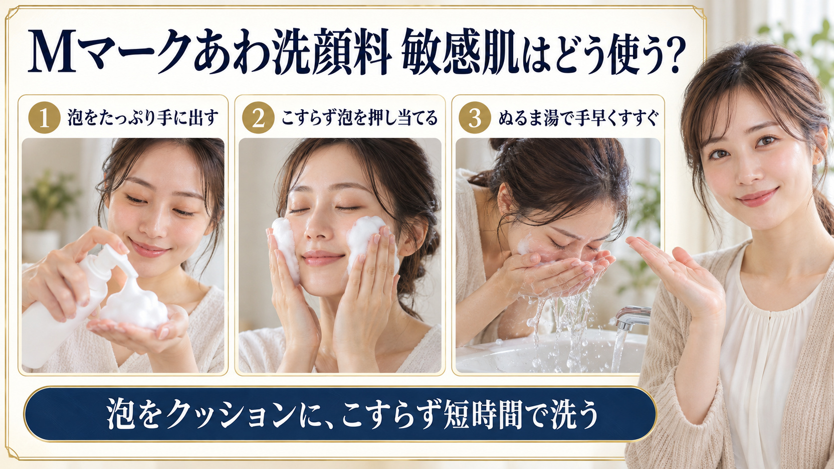 Mマークアミノ酸あわ洗顔料は敏感肌に合う?低刺激な無添加ケアの要点を3つの手順カードと美容アドバイザーで示した解説ボード