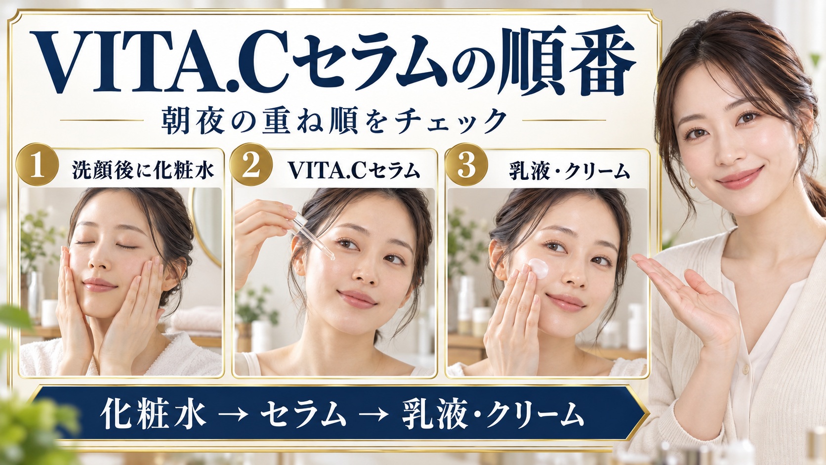 LEPOREM VITA.Cセラムの順番!朝夜の正しいスキンケア重ね順の要点を3つの手順カードと美容アドバイザーで示した解説ボード