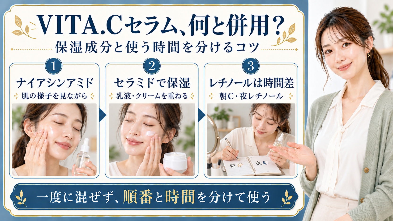 LEPOREM VITA.Cセラムの併用術！相性の良いスキンケア重ね技の要点を3つの手順カードと美容アドバイザーで示した解説ボード