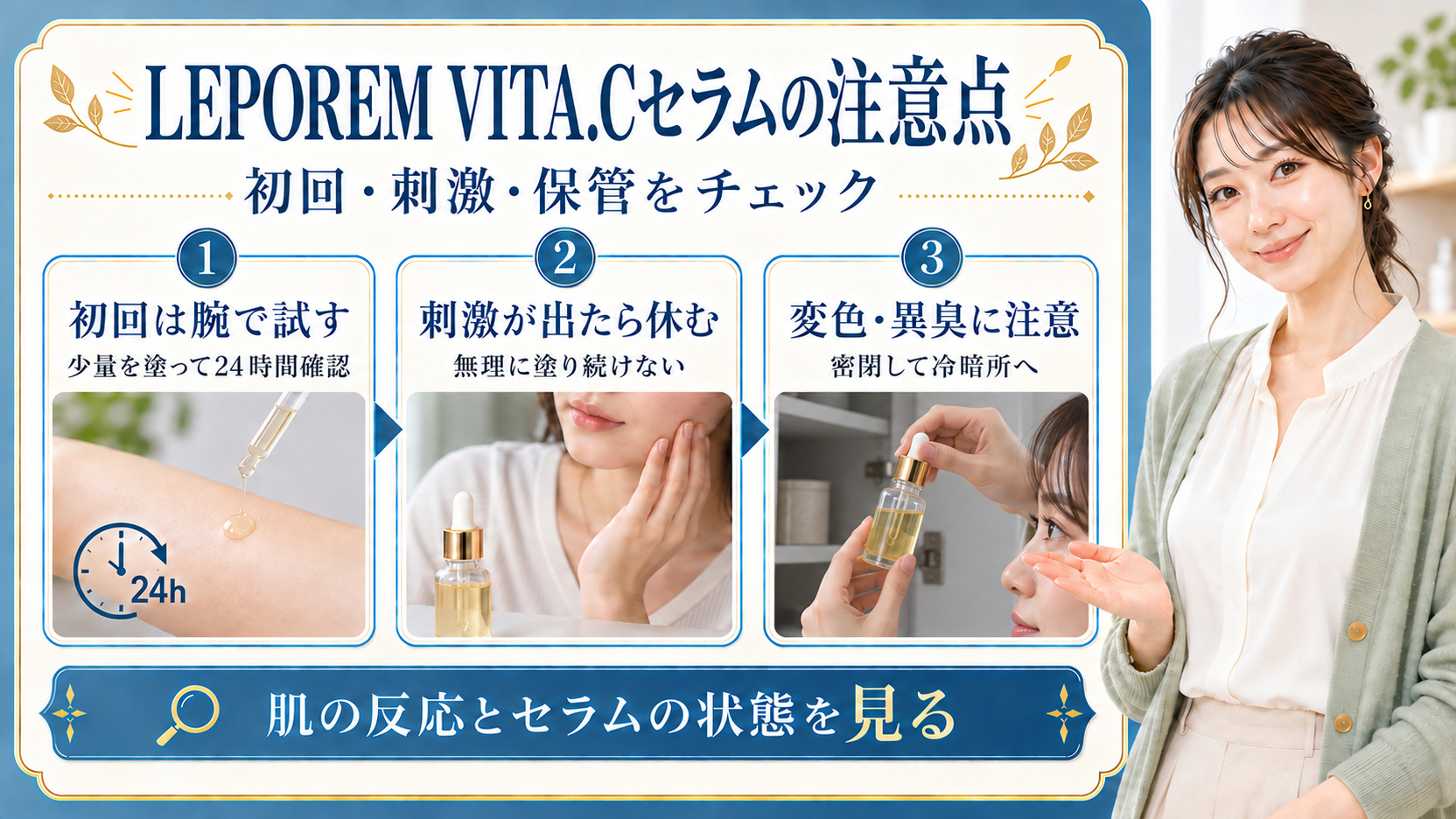 LEPOREM VITA.Cセラムの注意点！肌荒れと酸化を防ぐ使い方の要点を3つの手順カードと美容アドバイザーで示した解説ボード