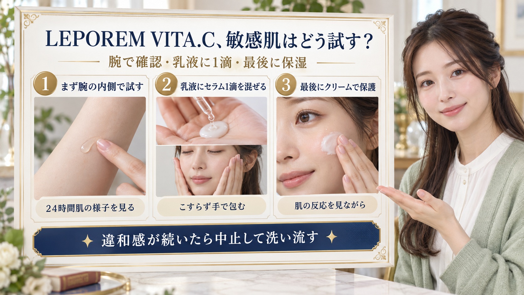 LEPOREM VITA.Cセラムは敏感肌でも使える？刺激対策と選び方の要点を3つの手順カードと美容アドバイザーで示した解説ボード