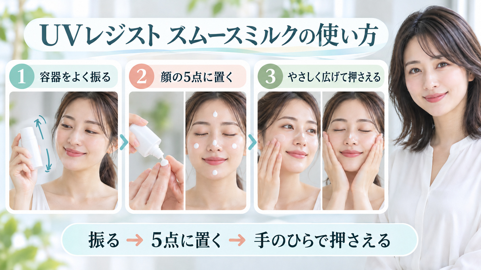 ソフィーナiP UVレジスト スムースミルクの使い方!ムラなく守る朝技の要点を3つの手順カードと美容アドバイザーで示した解説ボード