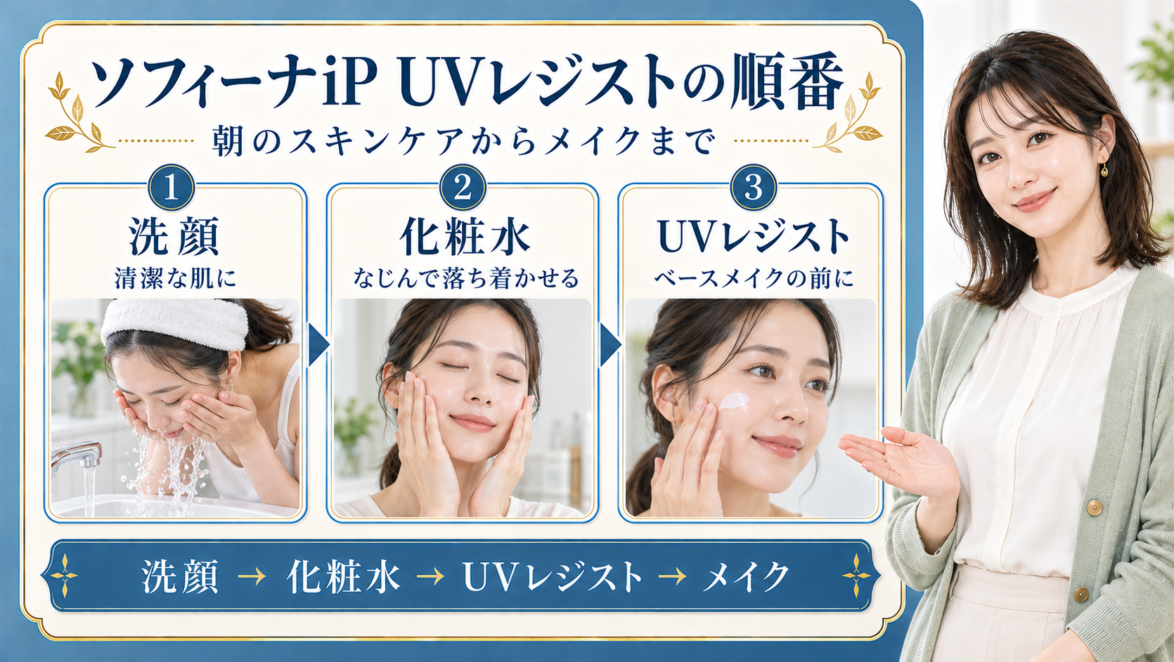 ソフィーナiP UVレジスト スムースミルクの順番！朝の美肌手順の要点を3つの手順カードと美容アドバイザーで示した解説ボード