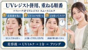 ソフィーナiP UVレジスト スムースミルクの併用！相性最高のコスメの要点を3つの手順カードと美容アドバイザーで示した解説ボード