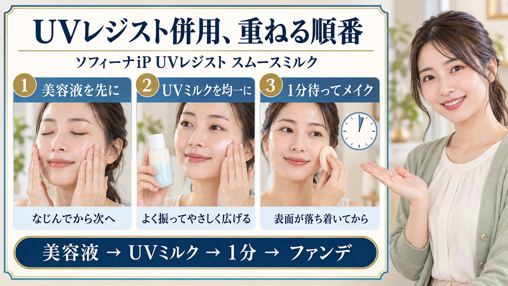 ソフィーナiP UVレジスト スムースミルクの併用!相性最高のコスメの要点を3つの手順カードと美容アドバイザーで示した解説ボード