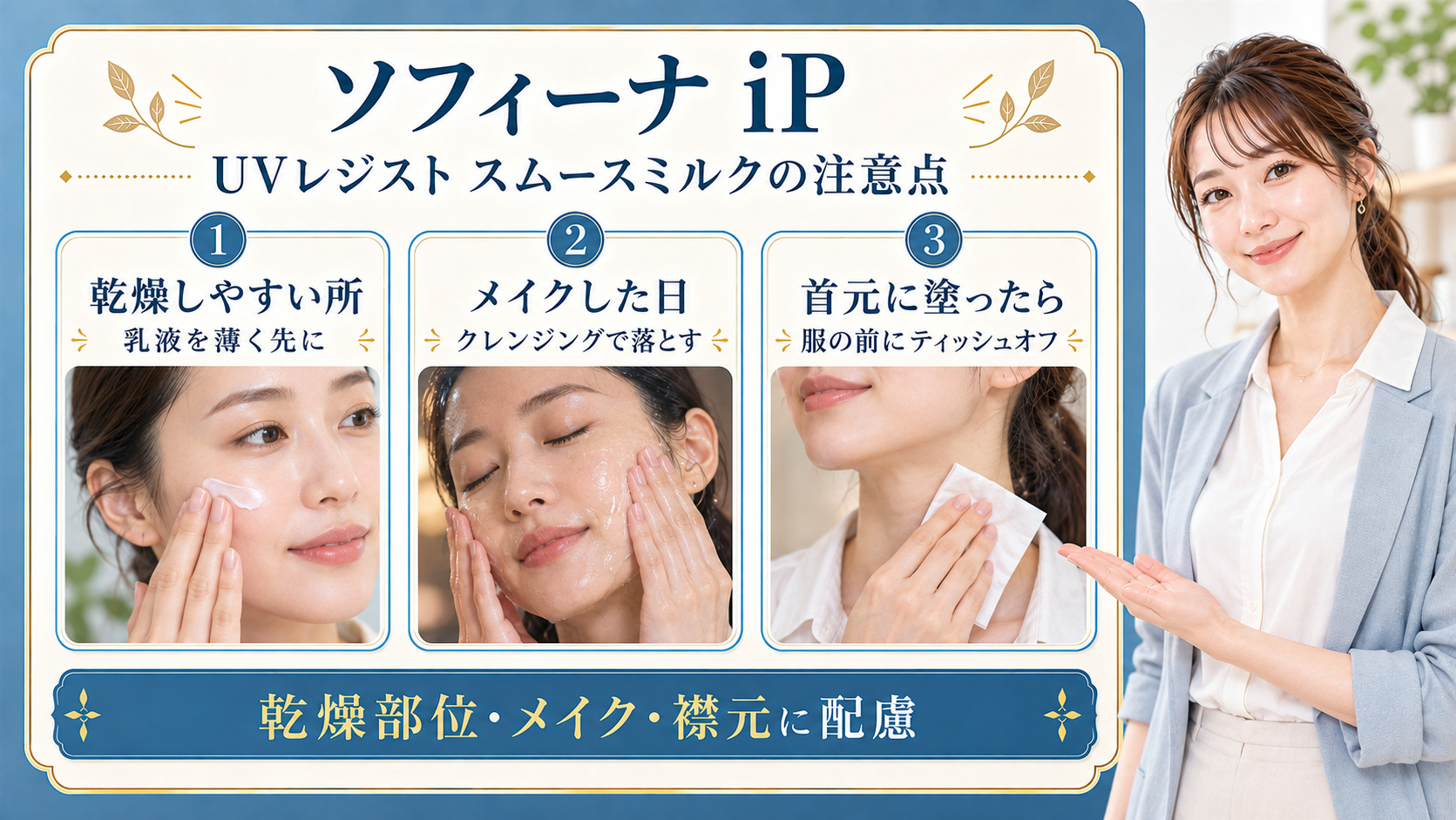 ソフィーナiP UVレジスト スムースミルクの注意点！乾燥と落とし穴の要点を3つの手順カードと美容アドバイザーで示した解説ボード