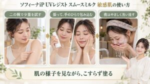 ソフィーナiP UVレジスト スムースミルクは敏感肌向き？刺激対策の要点を3つの手順カードと美容アドバイザーで示した解説ボード