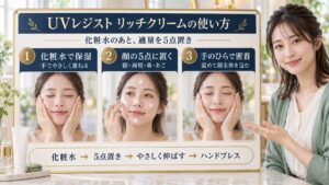 ソフィーナiP UVレジスト リッチクリームの使い方！乾燥防ぐ朝技の要点を3つの手順カードと美容アドバイザーで示した解説ボード