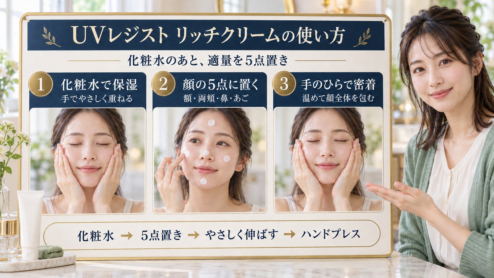 ソフィーナiP UVレジスト リッチクリームの使い方!乾燥防ぐ朝技の要点を3つの手順カードと美容アドバイザーで示した解説ボード
