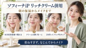 ソフィーナiP UVレジスト リッチクリーム併用！潤い高める朝ケアの要点を3つの手順カードと美容アドバイザーで示した解説ボード