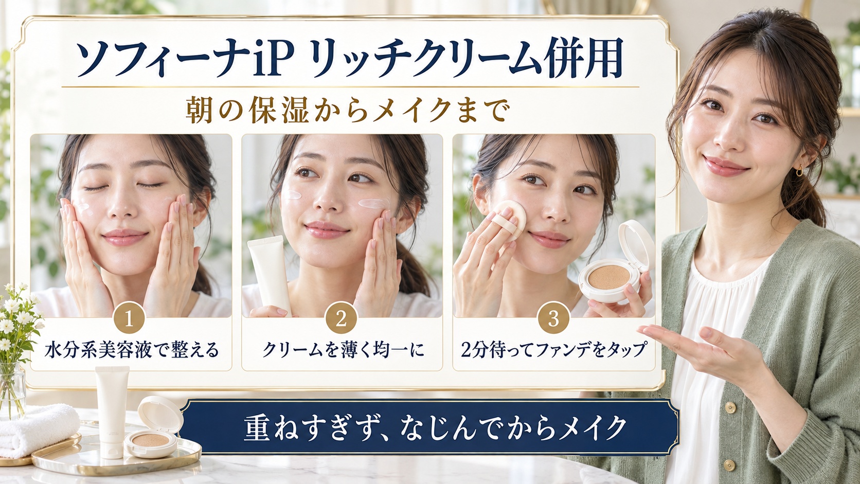 ソフィーナiP UVレジスト リッチクリーム併用！潤い高める朝ケアの要点を3つの手順カードと美容アドバイザーで示した解説ボード