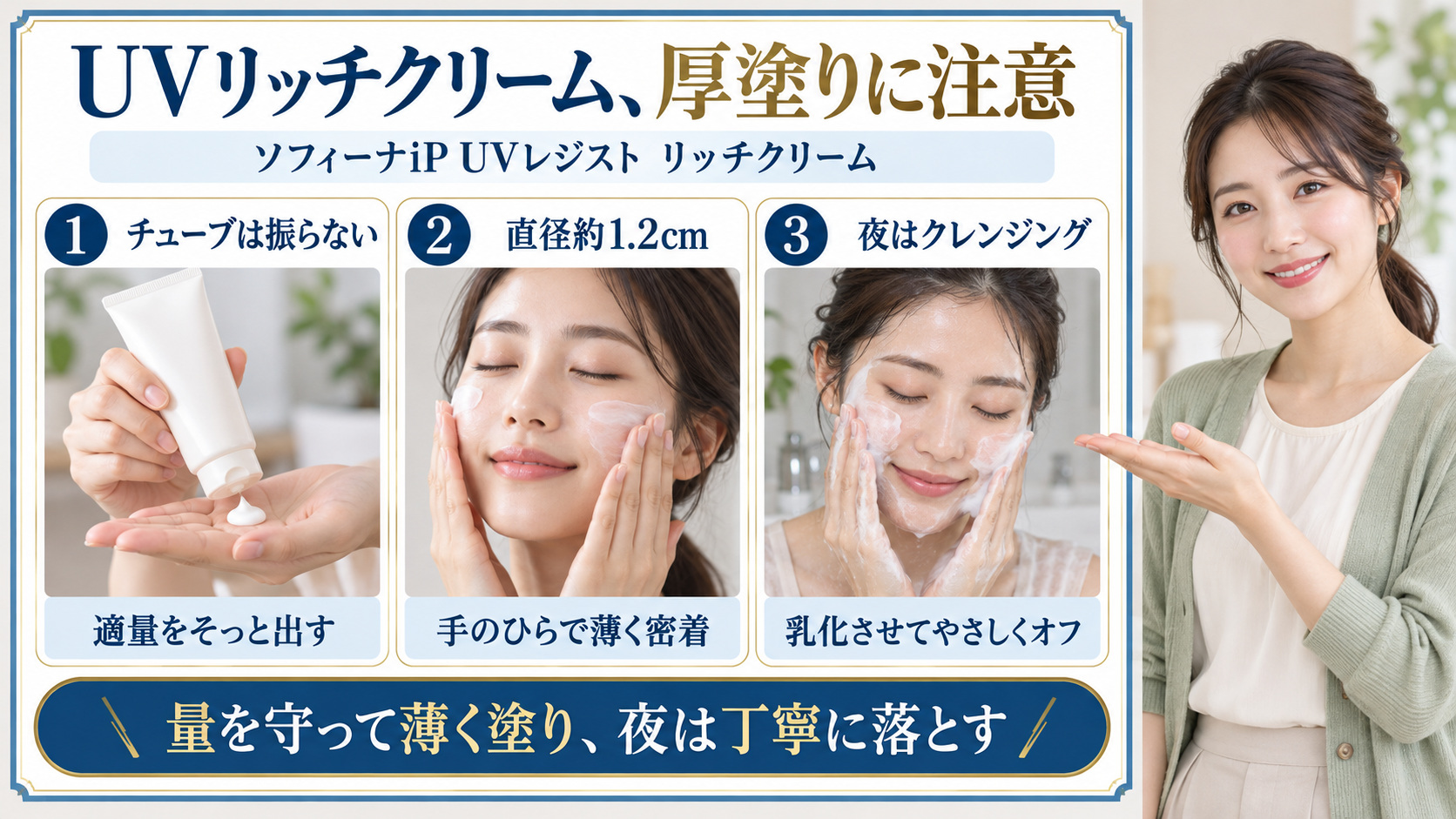 ソフィーナiP UVレジスト リッチクリーム注意点!崩れ防ぐ使い方の要点を3つの手順カードと美容アドバイザーで示した解説ボード