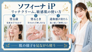 ソフィーナiP UVレジスト リッチクリーム敏感肌！乾燥防ぐ使い方の要点を3つの手順カードと美容アドバイザーで示した解説ボード