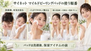 サイネットマイルドピーリングパッドの順番！美肌引き出す手順の要点を3つの手順カードと美容アドバイザーで示した解説ボード