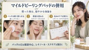 サイネットマイルドピーリングパッド併用！相性の良い朝晩コスメの要点を3つの手順カードと美容アドバイザーで示した解説ボード
