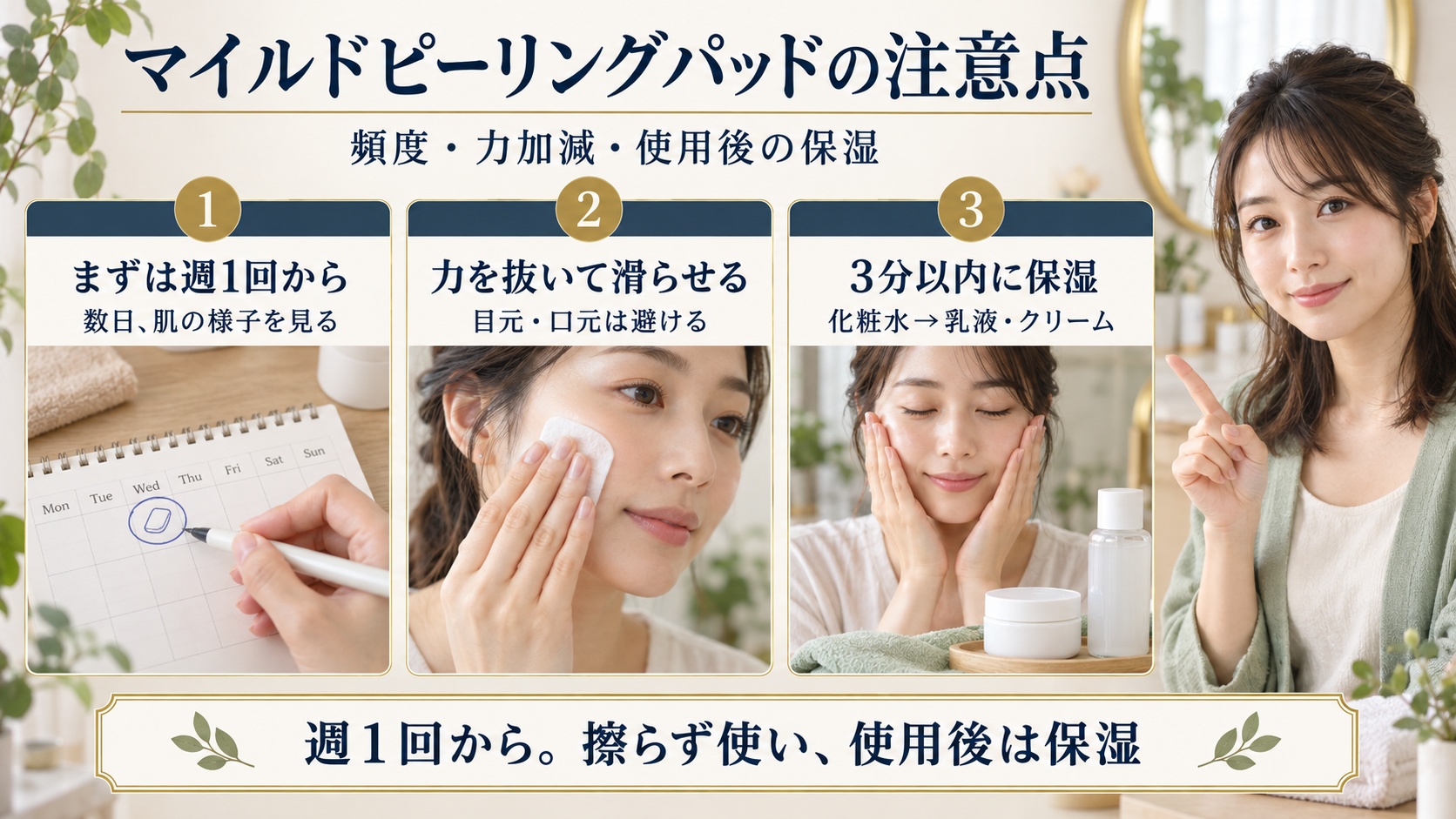 サイネットマイルドピーリングパッド注意事項！肌守る使い方の要点を3つの手順カードと美容アドバイザーで示した解説ボード