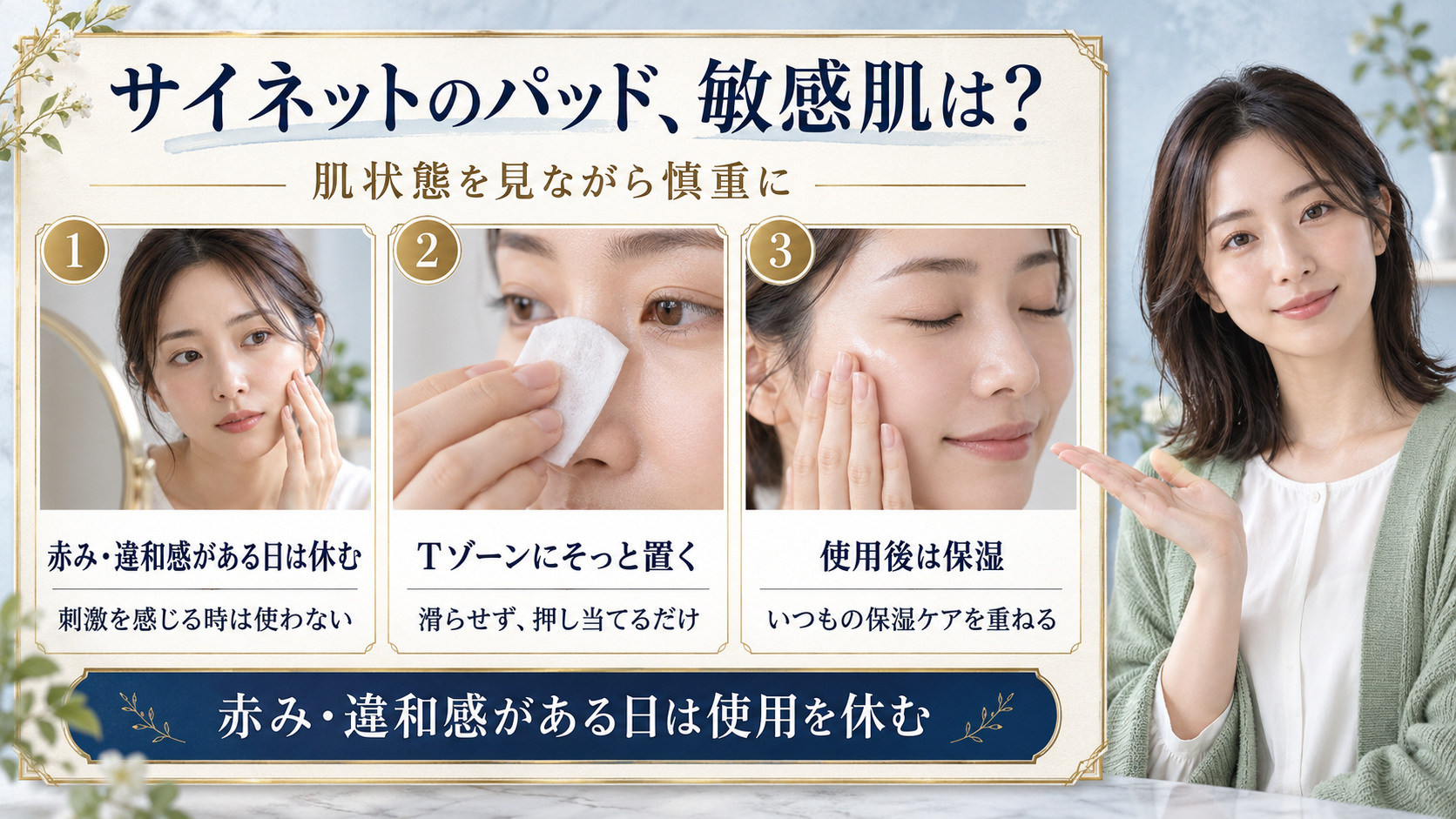 サイネットマイルドピーリングパッド敏感肌！赤み防ぐ使い方の要点を3つの手順カードと美容アドバイザーで示した解説ボード