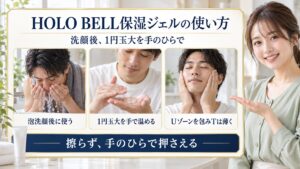 HOLOBELL保湿ジェルの使い方！朝夜の適量と塗り方テクの要点を3つの手順カードと美容アドバイザーで示した解説ボード
