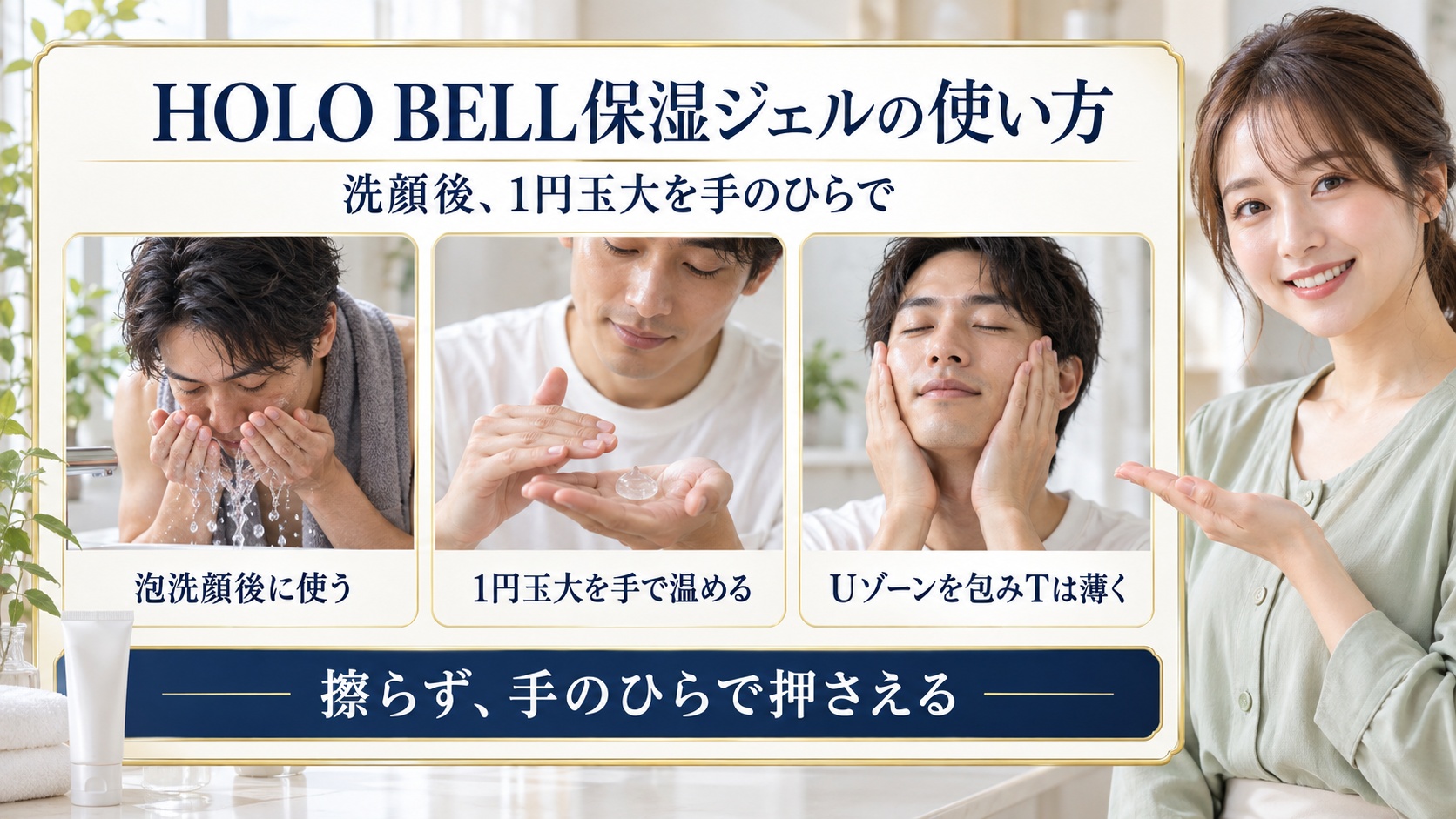 HOLOBELL保湿ジェルの使い方！朝夜の適量と塗り方テクの要点を3つの手順カードと美容アドバイザーで示した解説ボード