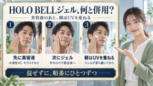 HOLOBELL保湿ジェルの併用術！相乗高めるコスメ選びの要点を3つの手順カードと美容アドバイザーで示した解説ボード