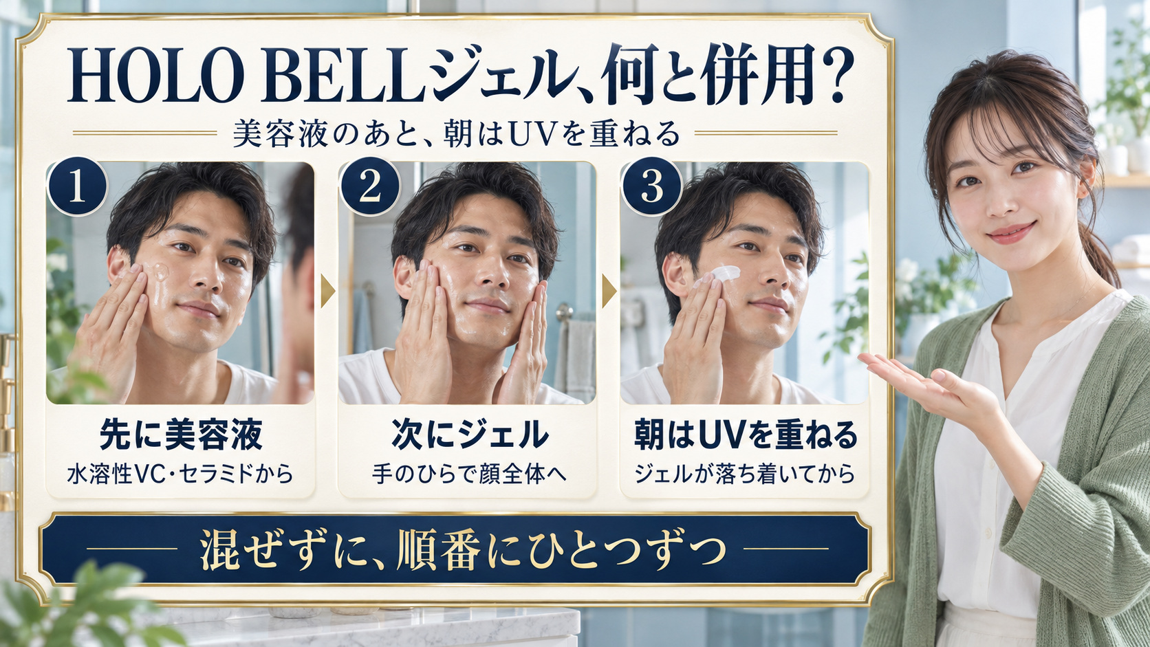 HOLOBELL保湿ジェルの併用術！相乗高めるコスメ選びの要点を3つの手順カードと美容アドバイザーで示した解説ボード