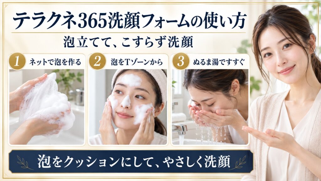 テラクネ365洗顔フォームの使い方！毛穴汚れ落とす泡立て技の要点を3つの手順カードと美容アドバイザーで示した解説ボード