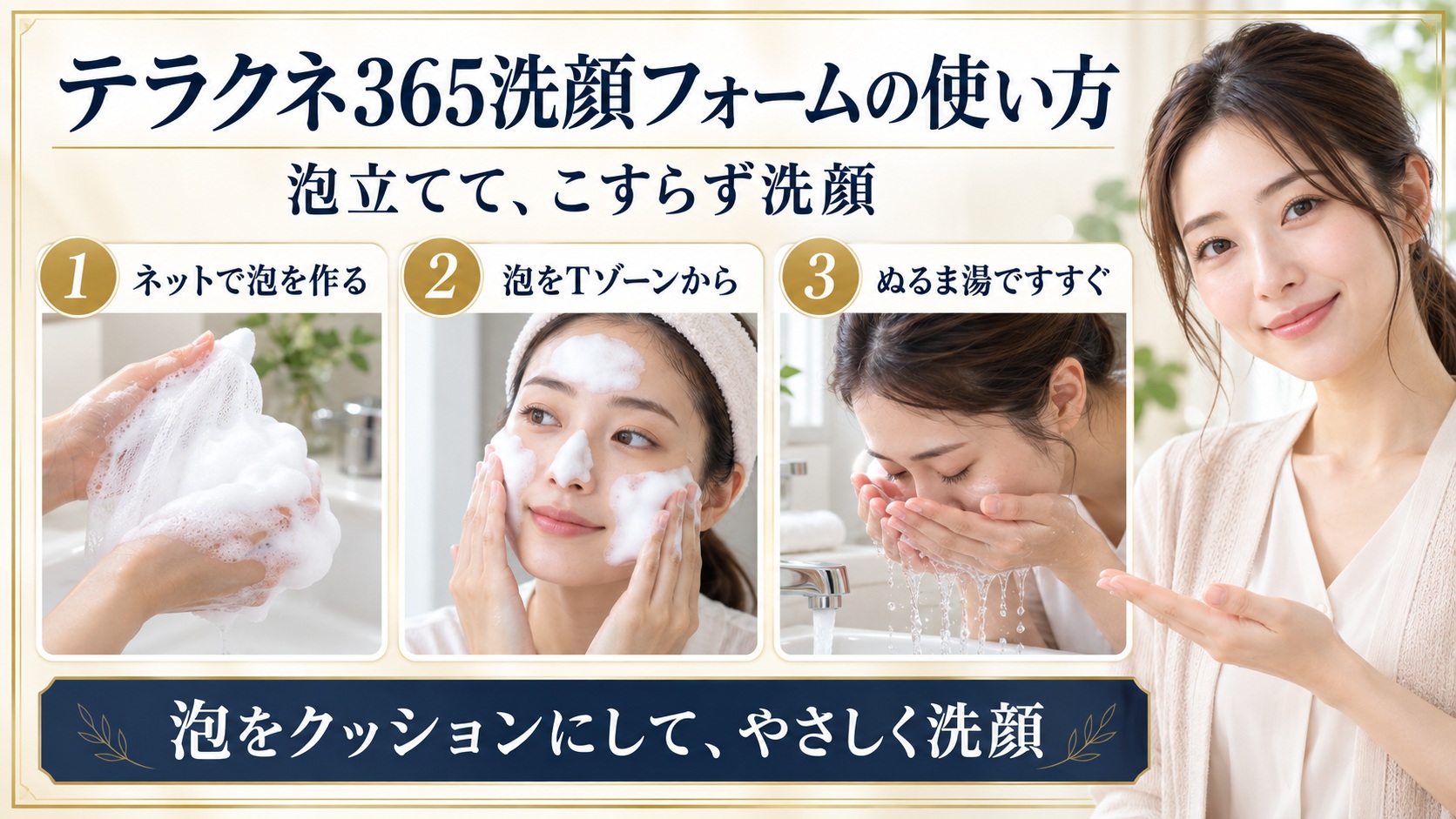 テラクネ365洗顔フォームの使い方!毛穴汚れ落とす泡立て技の要点を3つの手順カードと美容アドバイザーで示した解説ボード