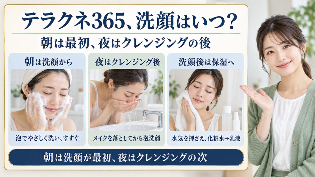 テラクネ365洗顔フォームの順番！朝夜の正しいスキンケア重ね順の要点を3つの手順カードと美容アドバイザーで示した解説ボード
