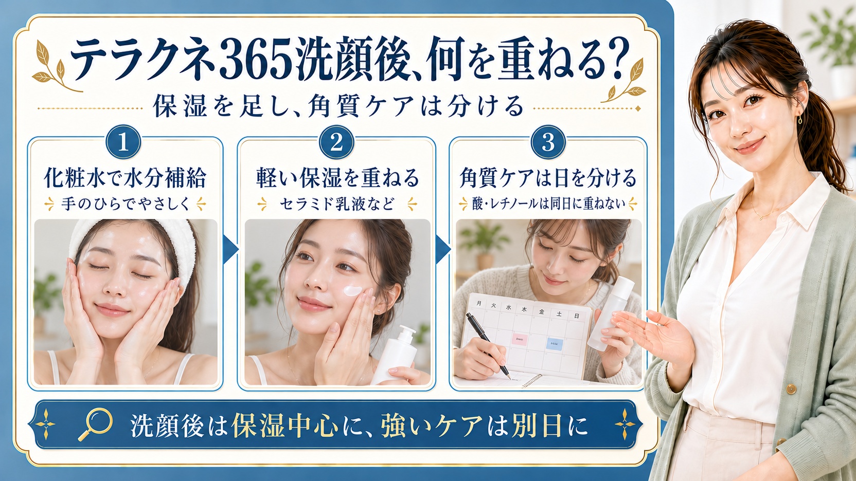 テラクネ365洗顔フォームの併用術!相乗高めるコスメ選びの要点を3つの手順カードと美容アドバイザーで示した解説ボード