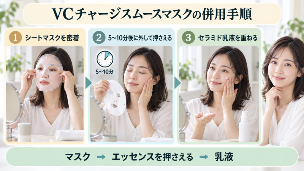 VCチャージスムースマスクの併用術！相性抜群のスキンケアの要点を3つの手順カードと美容アドバイザーで示した解説ボード