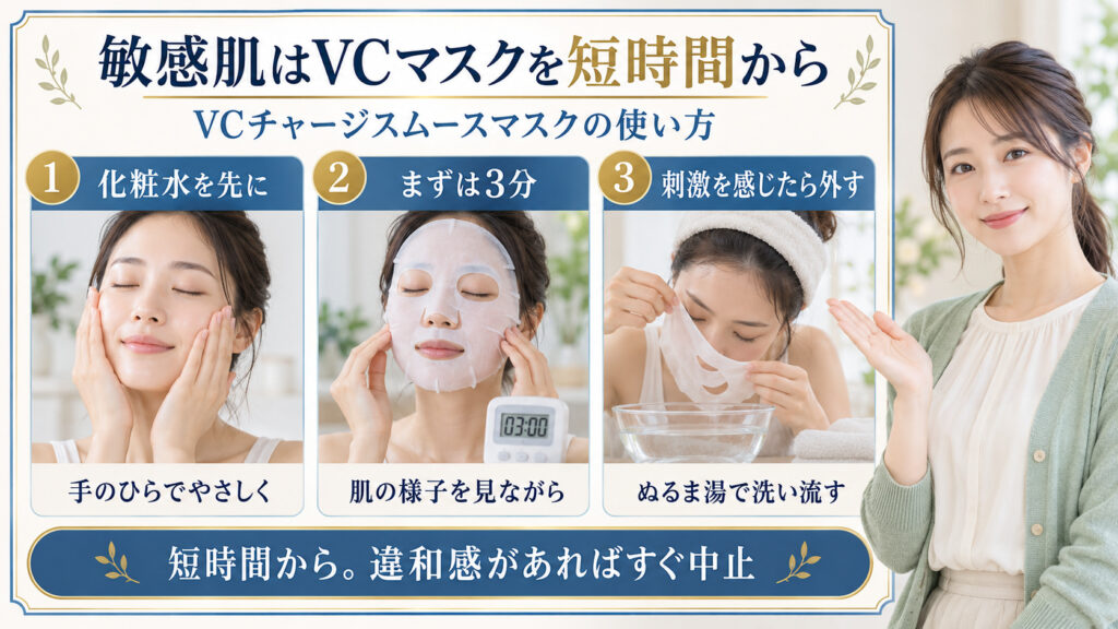 VCチャージスムースマスクは敏感肌も使える？赤みを防ぐパック術の要点を3つの手順カードと美容アドバイザーで示した解説ボード