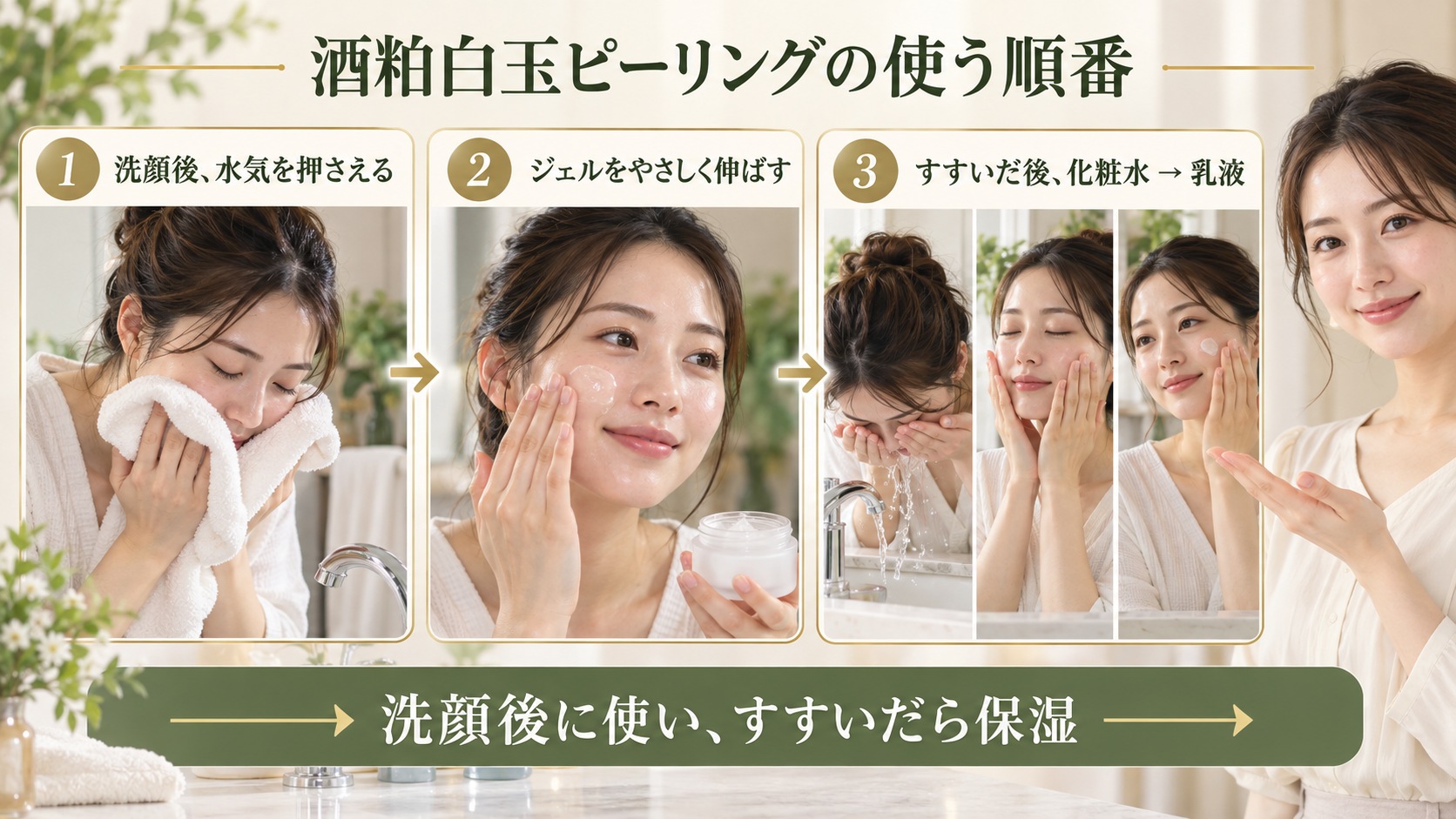 酒粕白玉ピーリングの順番！洗顔後の効果的な使用タイミングの要点を3つの手順カードと美容アドバイザーで示した解説ボード