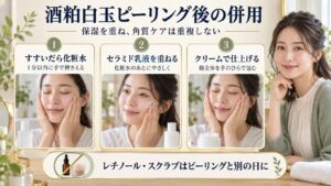 酒粕白玉ピーリングの併用術！透明感を引き出すおすすめコスメの要点を3つの手順カードと美容アドバイザーで示した解説ボード