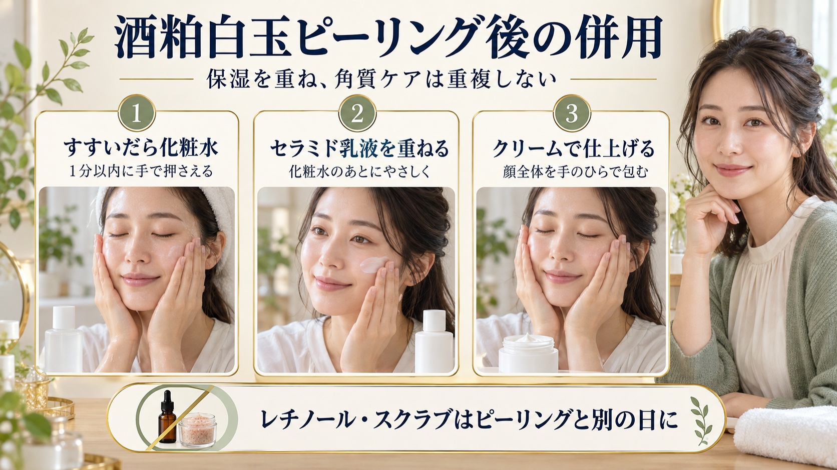 酒粕白玉ピーリングの併用術！透明感を引き出すおすすめコスメの要点を3つの手順カードと美容アドバイザーで示した解説ボード
