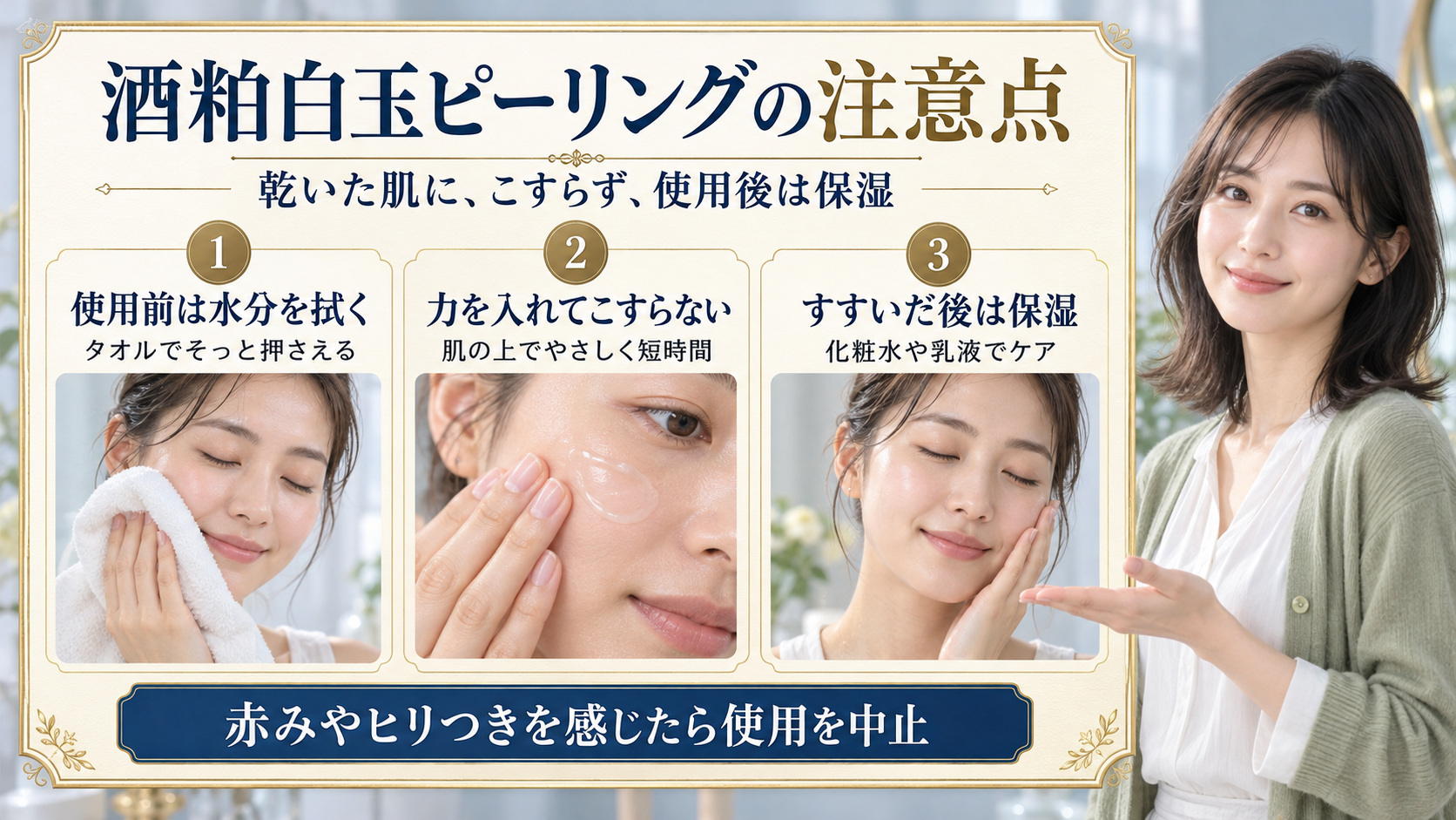 酒粕白玉ピーリングの注意点!赤みや乾燥を防ぐ安全ルーティンの要点を3つの手順カードと美容アドバイザーで示した解説ボード