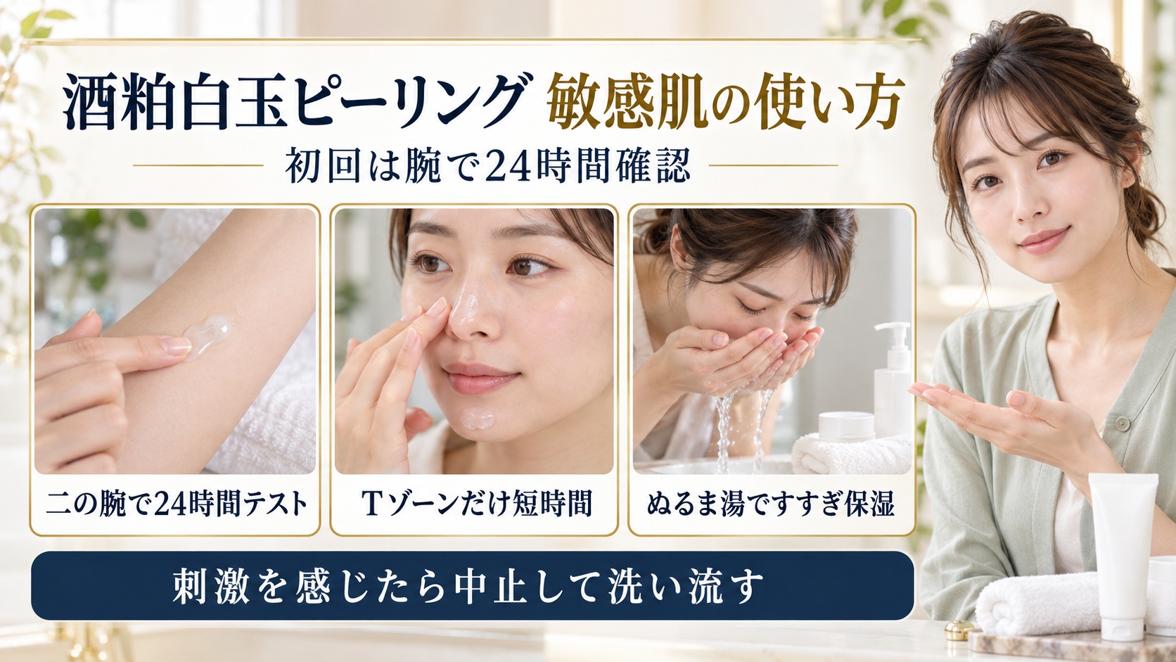 酒粕白玉ピーリングは敏感肌も使える？赤みを防ぐ低刺激角質術の要点を3つの手順カードと美容アドバイザーで示した解説ボード