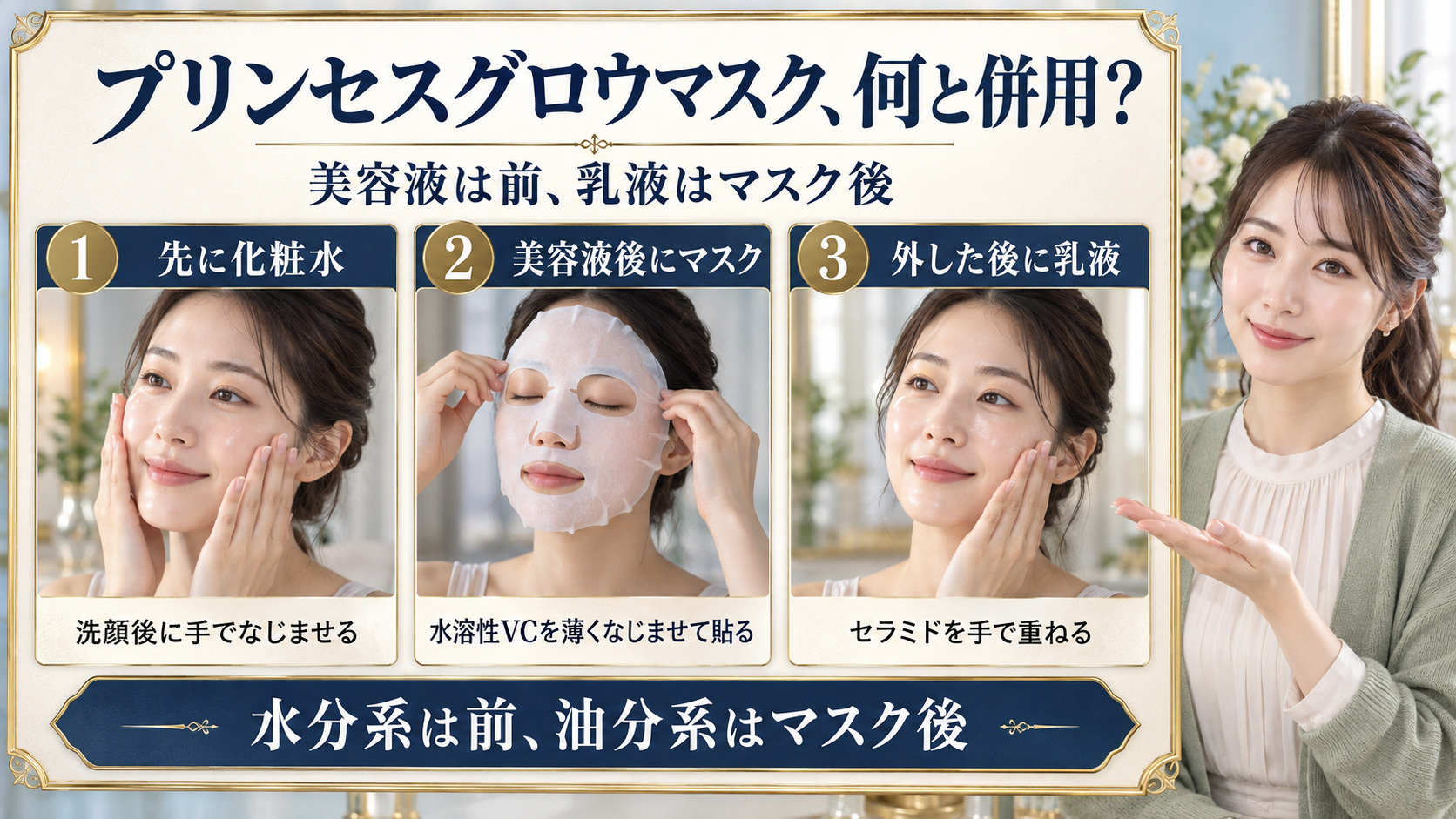 プリンセスグロウマスクの併用術！ツヤ肌高めるおすすめコスメの要点を3つの手順カードと美容アドバイザーで示した解説ボード